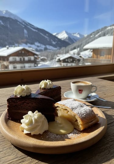 Chocolate cake, apple strudel, and a cup of coffee on a wooden table overlooking snowy Alpine villag