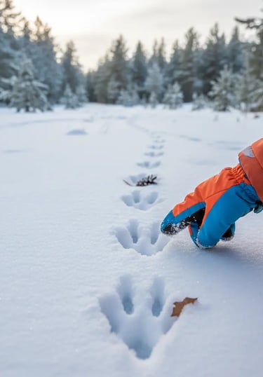 A hand in a blue and orange winter glove pointing at animal footprints in deep, fresh snow leading t