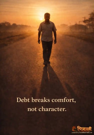 Indian man walking toward the rising sun on an open road, hopeful mood, symbol of resilience and character.