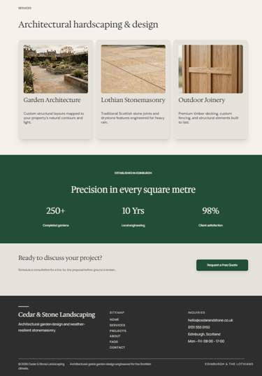 Portfolio of architectural hardscaping, Lothian stonemasonry, and outdoor joinery services for garden design.