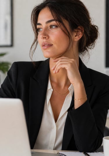Professional woman in a black blazer and gold jewelry working on a laptop at a desk.