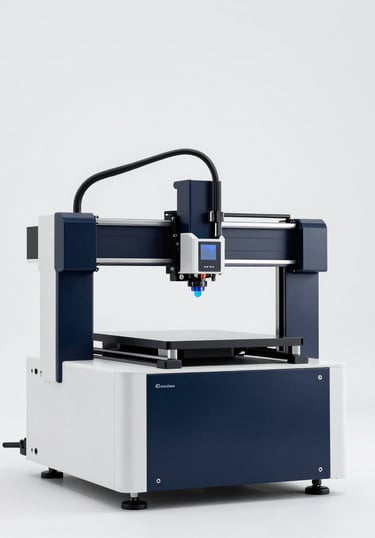 A premium industrial 3-D printer operating in a clean, minimalist workspace in Spain. Studio lighting emphasizes the sleek dark navy blue and pure white machine frame. A laser head deposits electric blue resin with high-precision. Cool aesthetic, futuristic and technological, abundant white space in the background.