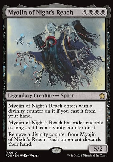 Magic: The Gathering card for Myojin of Night's Reach, a legendary black spirit creature from Foundations.