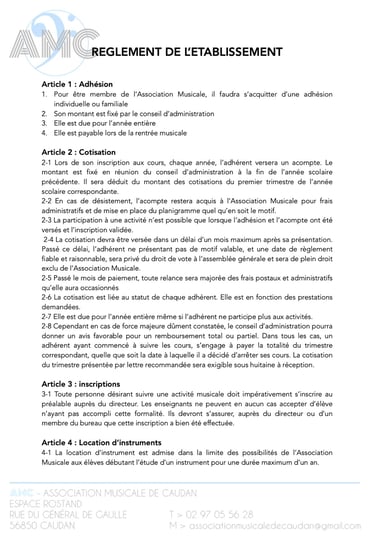 Règlement intérieur de l’Association Musicale de Caudan encadrant les cours de musique et de théâtre
