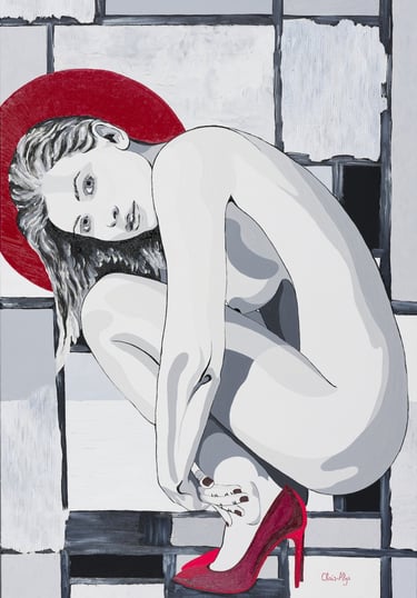 Couleurs : rouges, gris, noir et blancs. Cette œuvre représente une femme nue, vue de profil gauche