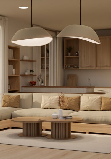 canapé dans un salon avec placards de cuisine repeints