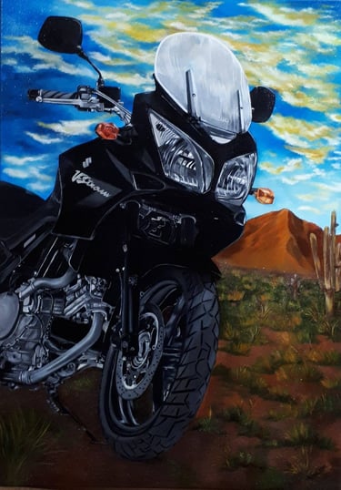 a painting of a motorcycle parked in a desert