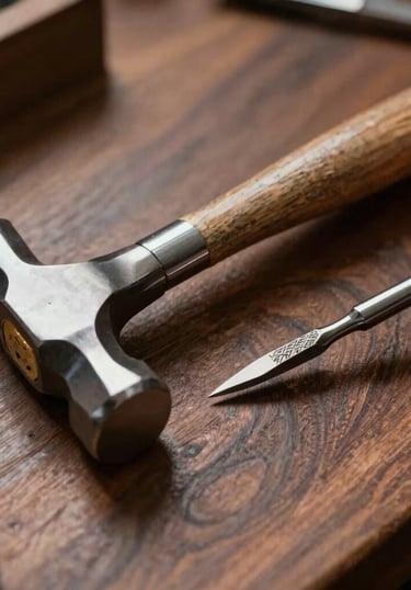 A close-up photograph of premium jewelry crafting tools, featuring a high-precision polished steel hammer and delicate hand engraving chisels on a dark walnut wood workbench in an Indonesian artisan studio.