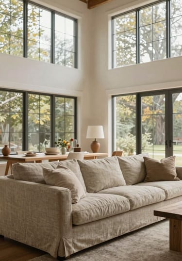 A bright, airy living room with a neutral linen sofa, high ceilings, large windows looking out to soft foliage, refined styling with warm sand tones and clean wooden tables, North American / Modern Western.
