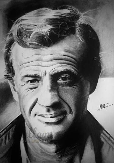 Portrait dessiné en noir et blanc de Jean-Paul Belmondo