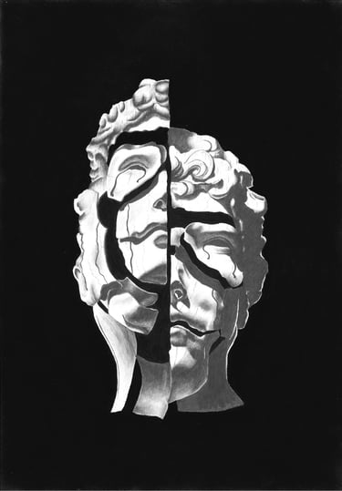 realistische zeichnugn einer maske in Schwarz und Weiß mit Abstrakten Formen