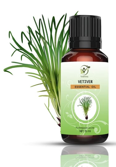 Vetiver Essential Oil bottle next to Vetiver plant