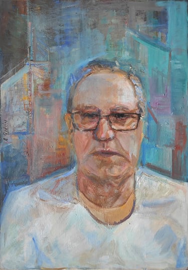 Autorretrato del pintor Argi Girón. Óleo sobre papel. Self-portrait  artist painter oil on paper