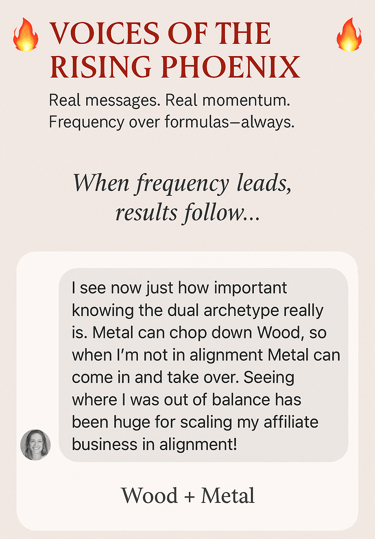 DM screenshot of Wood + Metal Archetype – Visionary entrepreneur celebrates discovering her strategic dual archetype