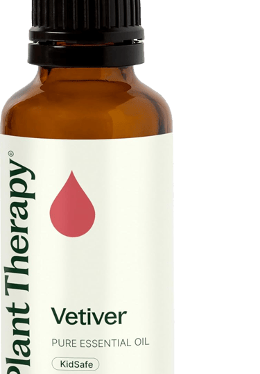Amber bottle of Plant Therapy Vetiver essential oil, labeled KidSafe and 1 fl oz.