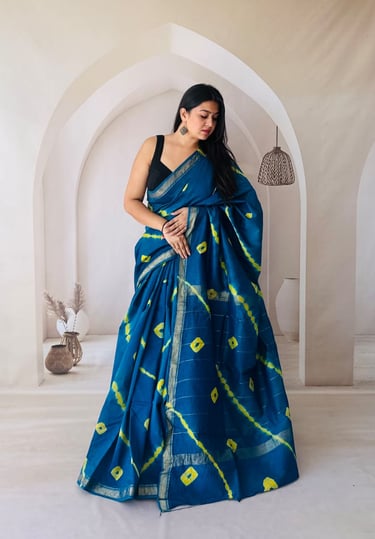 Handcrafted Shibori print Maheshwari silk saree with artistic patterns