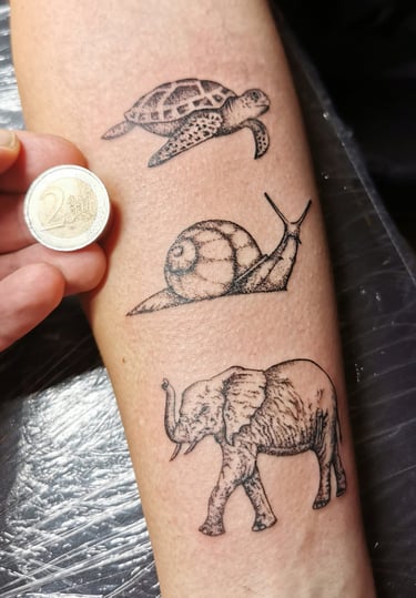 tattoo, inked, tattooart, art, tattooartist, details, dotwork, small tattoo, snail, elephant, 