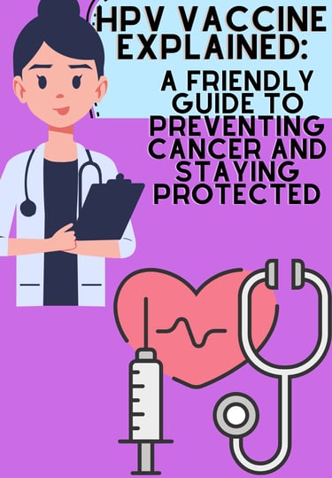 Illustrated guide to HPV vaccine for cancer prevention featuring a female doctor, stethoscope, and syringe.