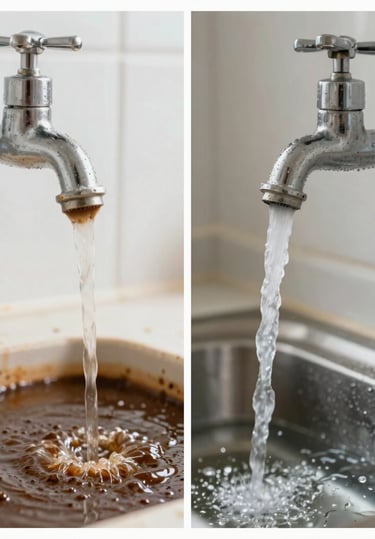 Comparison of dirty brown water and clean tap water flowing from a chrome kitchen faucet.