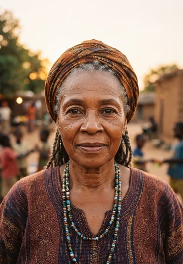 Dignified close-up portrait of a female community leader in Sub-Saharan Africa, warm golden-hour sunlight, direct-to-camera gaze, 35mm film.