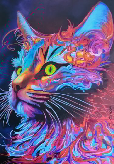 claudine-gibon-tableau-peinture-chat-coloré-yeux-jaunes-