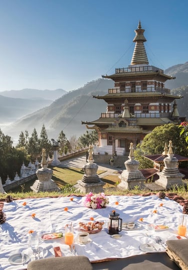 Amankora-Punakha-Bhutan-Lodge-Outdoor-Breakfast-with-Khamsum-Yulley-Namgyal-Chorten-at-the-backdrop