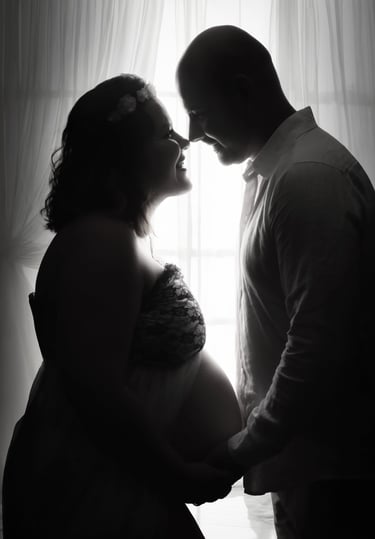 a pregnant woman and her husband are shown in this black and white photo