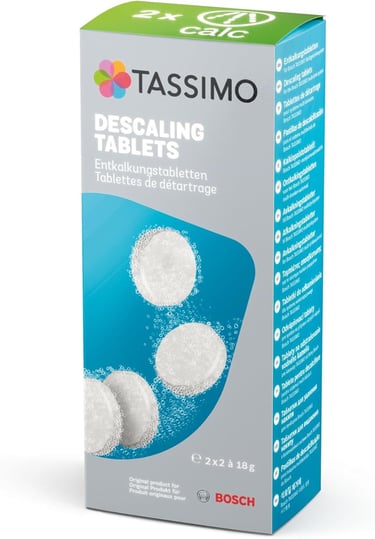 Official Bosch Tassimo descaling tablets for coffee machines in a blue and white retail box.