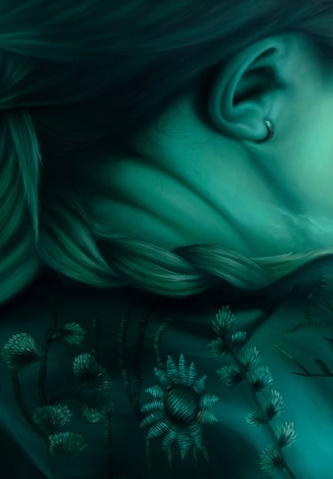 Anita Papp's Verdant Echoes, a contemporary painting blending distorted self-portraiture with lush,