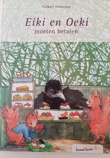 kaft eiki en oeki, illustratie van kraai achter een winkelbalie met taartjes en twee eekhoorns