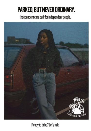 A young Black woman leans against a red hatchback in a rooftop car park at dusk. She wears a denim jacket and wide-leg jeans,
