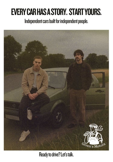 Two young men stand beside a faded green Volkswagen on a quiet country road. One sits on the bonnet.