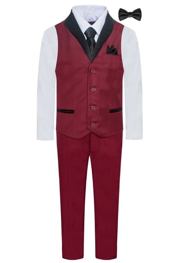a red suit with a bow tie and a bow tie