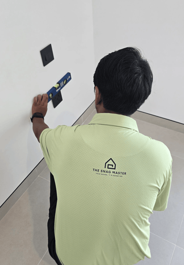 Engineer from The Snag Master checking wall socket alignment during home inspection in Dubai
