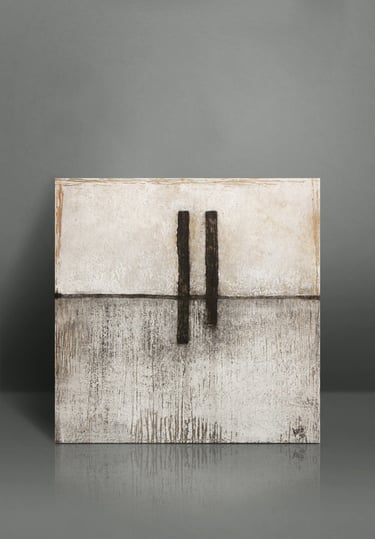 Minimalist abstract canvas wall art featuring textured neutral tones and black geometric lines.