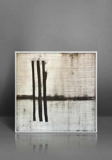 Minimalist abstract wall art featuring black vertical lines and textured horizontal patterns.