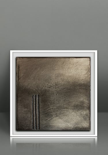 Minimalist bronze textured abstract painting in a white frame, featuring three vertical lines.