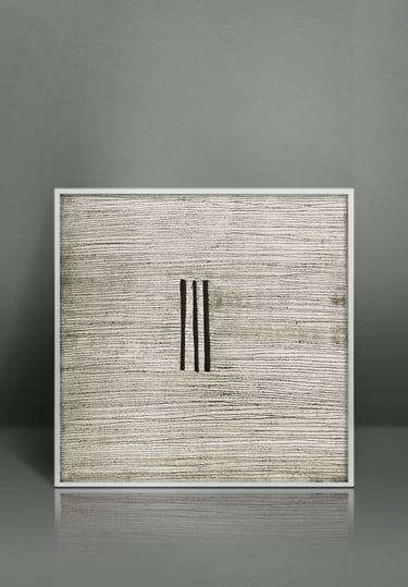 Framed minimalist abstract art with horizontal textured lines and three vertical black strokes.