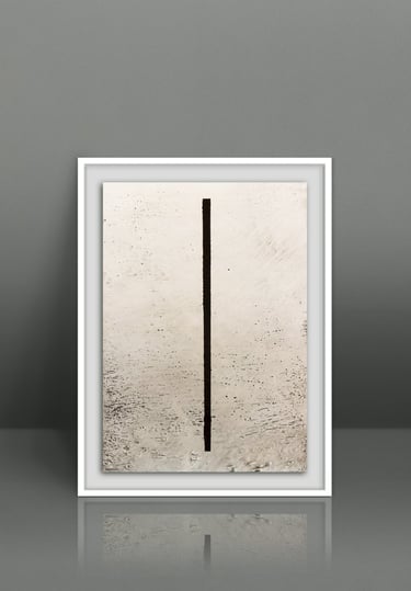 Minimalist abstract wall art featuring a single black vertical line on a textured beige canvas in a white frame.