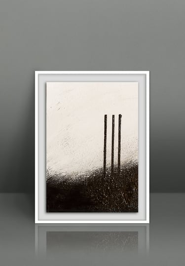 Framed minimalist abstract painting featuring black vertical lines on a textured white and dark background.