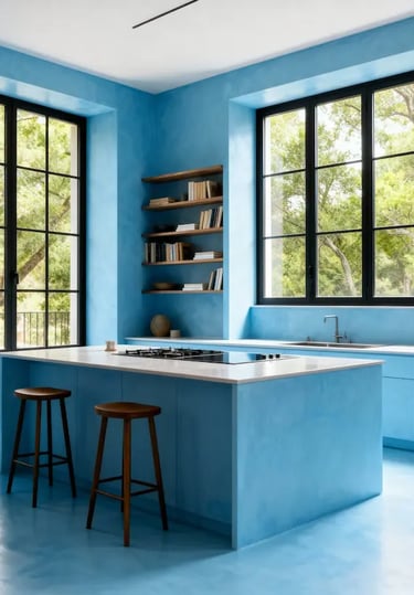 Modern vibrant blue kitchen interior with a large island, wood stools, and black window frames.