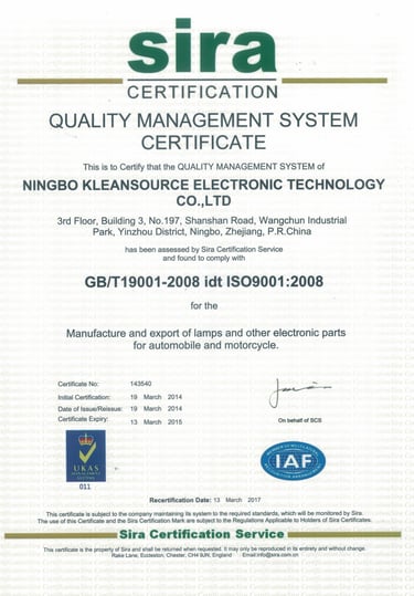 ISO 9001:2008 Quality Management System certificate for Ningbo Kleansource Electronic Technology Co., Ltd issued by Sira.