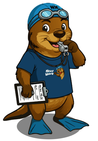 Mascotte van NextWave: een vrolijke otter als zwemlesgever met een fluitje, zwembril en klembord.