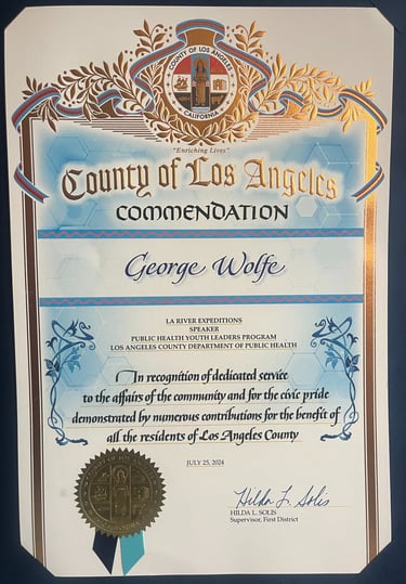 County of Los Angeles commendation awarded to founder George Wolfe in 2024.
