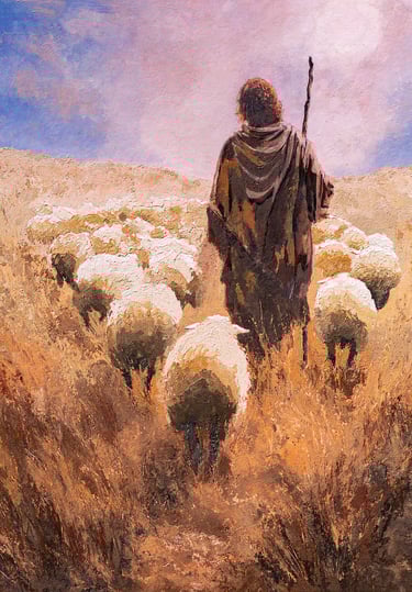 Eternal Shepherd painting by Martin Osner showing a shepherd guiding his flock toward heavenly light.