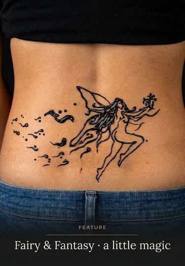 A detailed black ink fairy tattoo with magical sparkles on a woman's lower back.