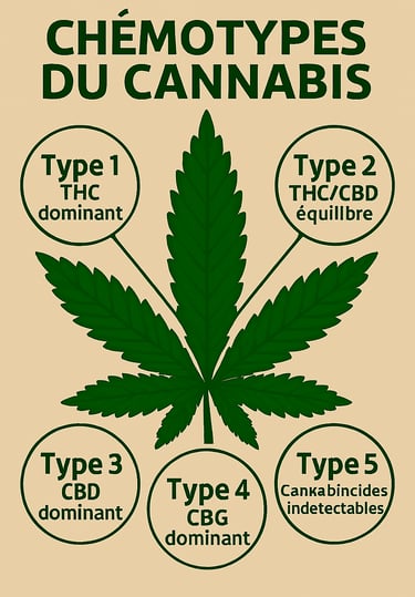 Schéma d’une feuille de chanvre présentant les différents chimiotypes de CBD et THC