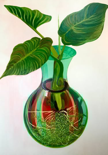 still life, paintings, fine art, acrylic, vase, plants, reflection, contemporary art, roots
