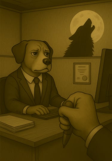Ilustración de un perro con traje de oficinista sentado en su cubículo, con una expresión triste. En