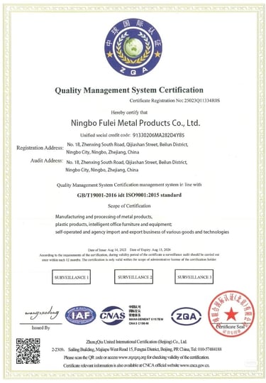 Ningbo Fulei Metal Products ISO 9001:2015 Quality Management System certification document for metal manufacturing.